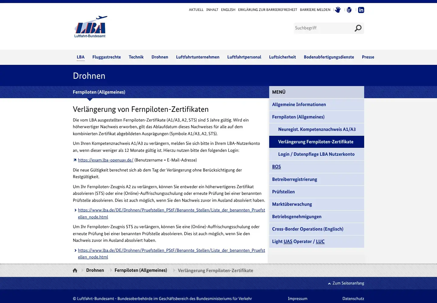 Anmeldung im LBA-Nutzerkonto zur Verlängerung des Kompetenznachweises A1/A3, wenn die Restgültigkeit unter zwölf Monaten liegt.