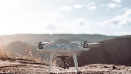 Front view of a white quadcopter drone on a dry, rocky ground with sunlit hills in the distance at sunset/late afternoon.