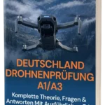 Cover of a German drone license guide: 'DEUTSCHLAND DROHNENPRÜFUNG A1/A3' with a quadcopter, German flag, and subtitle text on a mountainous backdrop.