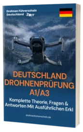 Cover of a German drone license guide: 'DEUTSCHLAND DROHNENPRÜFUNG A1/A3' with a quadcopter, German flag, and subtitle text on a mountainous backdrop.
