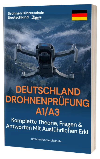 Cover of a German drone license guide: 'DEUTSCHLAND DROHNENPRÜFUNG A1/A3' with a quadcopter, German flag, and subtitle text on a mountainous backdrop.