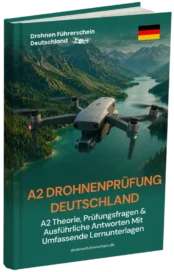 Book cover: A2 Drohnenprüfung Deutschland with a drone over a mountainous lake and a small German flag.