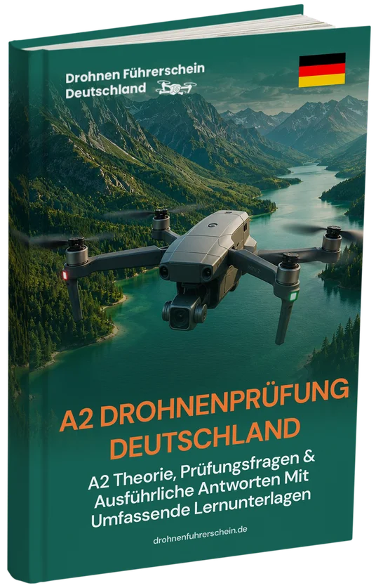 Book cover: A2 Drohnenprüfung Deutschland with a drone over a mountainous lake and a small German flag.