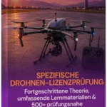 Book cover for a German drone license exam; purple background, quadcopter on a runway at sunset, German flag, title "Spezifische Drohnen-Lizenzprüfung"