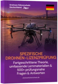 Book cover for a German drone license exam; purple background, quadcopter on a runway at sunset, German flag, title "Spezifische Drohnen-Lizenzprüfung"