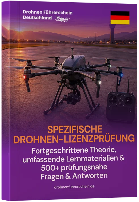 Book cover for a German drone license exam; purple background, quadcopter on a runway at sunset, German flag, title "Spezifische Drohnen-Lizenzprüfung"
