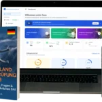 DE_combo_A1A3 - Drohnen Führerschein Deutschland Blue drone-practice book titled 'Deutschland Drohnenprüfung A1/A3' beside a laptop and a smartphone displaying a course dashboard.