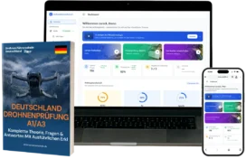 Blue drone-practice book titled 'Deutschland Drohnenprüfung A1/A3' beside a laptop and a smartphone displaying a course dashboard.