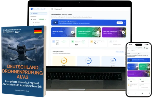 Blue drone-practice book titled 'Deutschland Drohnenprüfung A1/A3' beside a laptop and a smartphone displaying a course dashboard.