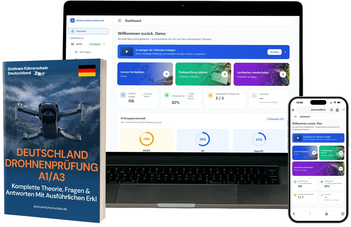 DE_combo_A1A3 - Drohnen Führerschein Deutschland Blue drone-practice book titled 'Deutschland Drohnenprüfung A1/A3' beside a laptop and a smartphone displaying a course dashboard.