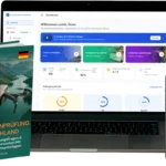 German drone license guide titled 'A2 Drohnenprüfung Deutschland' beside a laptop and a smartphone displaying a course dashboard.