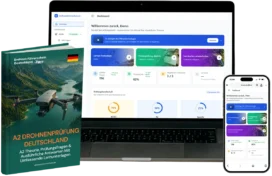 German drone license guide titled 'A2 Drohnenprüfung Deutschland' beside a laptop and a smartphone displaying a course dashboard.