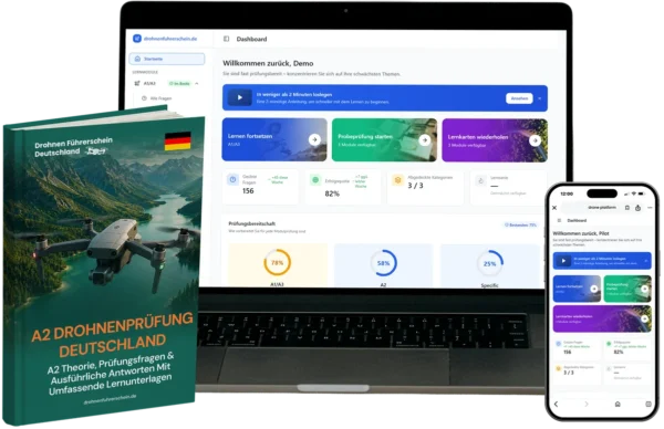 German drone license guide titled 'A2 Drohnenprüfung Deutschland' beside a laptop and a smartphone displaying a course dashboard.