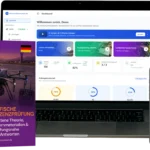 Purple book cover 'Spezifische Drohnen-Lizenzprüfung' daneben Laptop- und Smartphone-Displays mit Lernplattform-Dashboard.