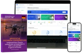 Purple book cover 'Spezifische Drohnen-Lizenzprüfung' daneben Laptop- und Smartphone-Displays mit Lernplattform-Dashboard.