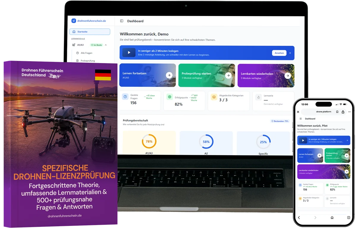 Purple book cover 'Spezifische Drohnen-Lizenzprüfung' daneben Laptop- und Smartphone-Displays mit Lernplattform-Dashboard.