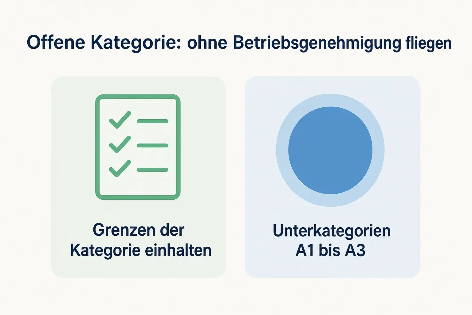 Infografik zur offenen Kategorie bei Drohnen: Grenzen der Kategorie einhalten und passende Unterkategorie A1, A2 oder A3 wählen, ohne Betriebsgenehmigung.